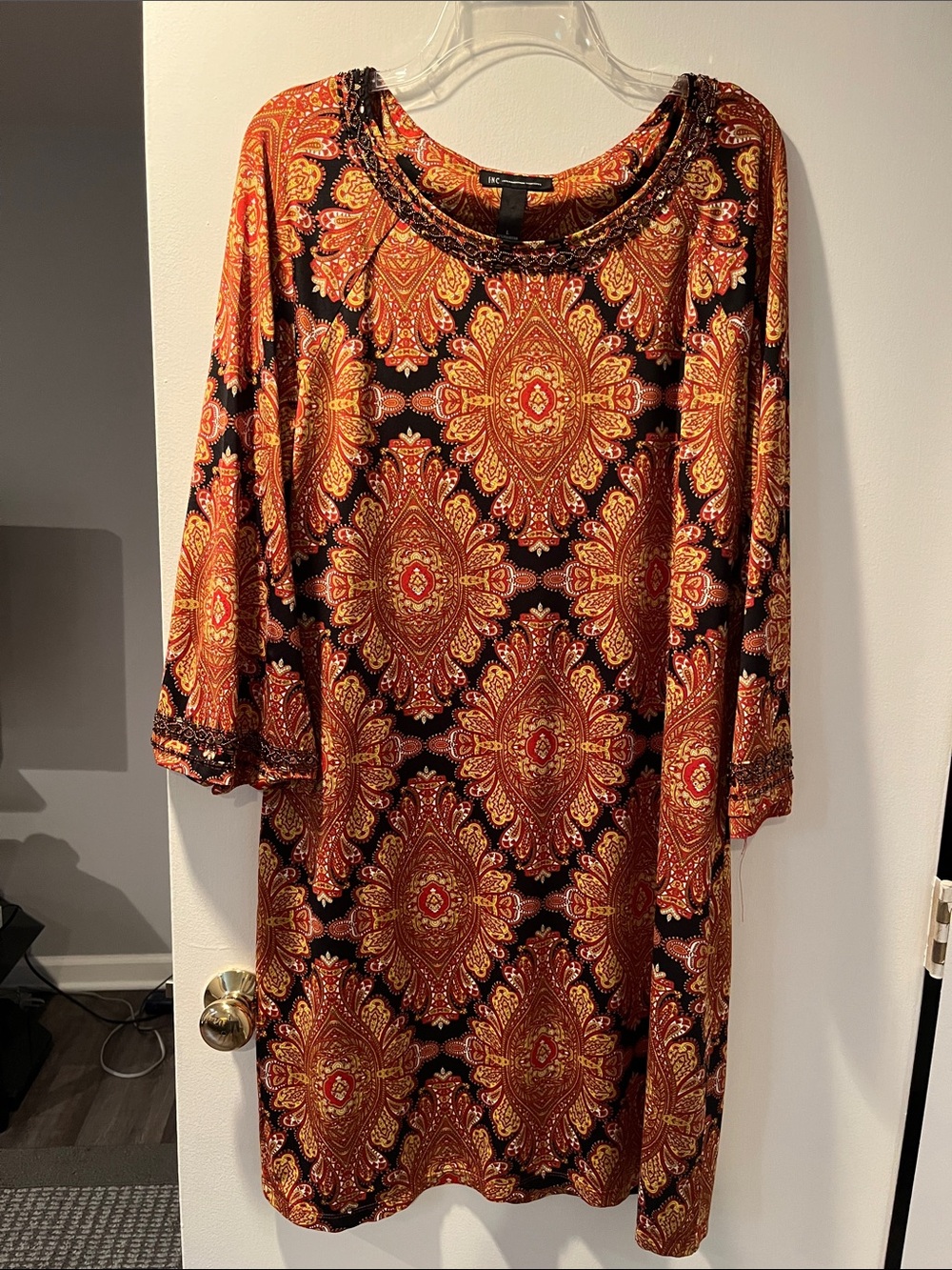INC - Patterned Tunic Dress - Rust & Gold Medallion Print, large